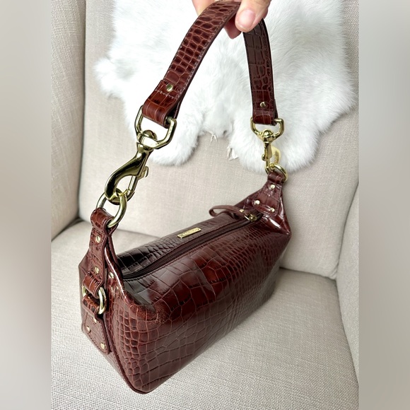VTG 90s Y2K Ralph Lauren Cognac Crock Embossed Leather Baguette Purse Shoulder - Picture 6 of 16